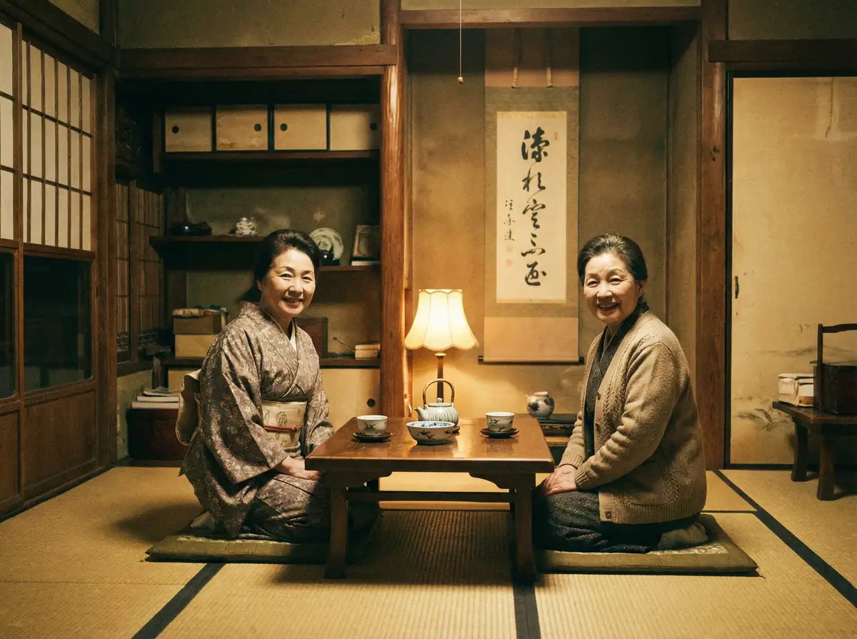 两位优雅的 大象传媒 在日式茶室中品茶交谈